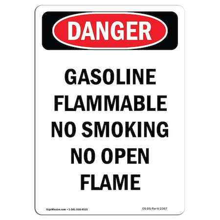 OSHA Danger Sign, Gasoline Flammable No Smoking, 14in X 10in Rigid Plastic